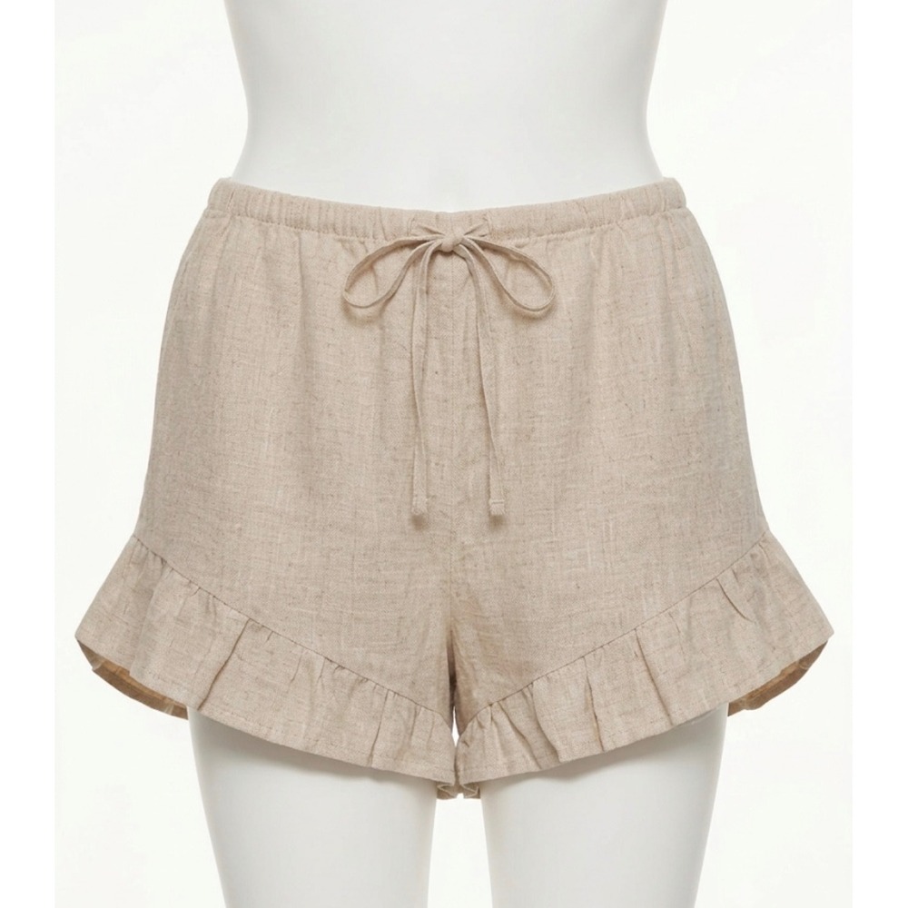 Abercrombie & Fitch Beige Linen Blend Ruffle Hem Shorts XL Drawstring Oatmeal